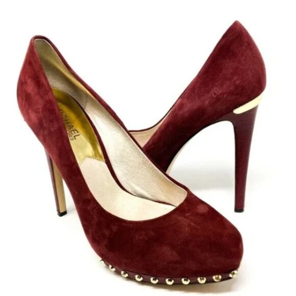 MICHAEL Michael Kors Shoes - MICHAEL Michael Kors Maroon Suede Gold Stud Almond-Toe Pumps - Size 9